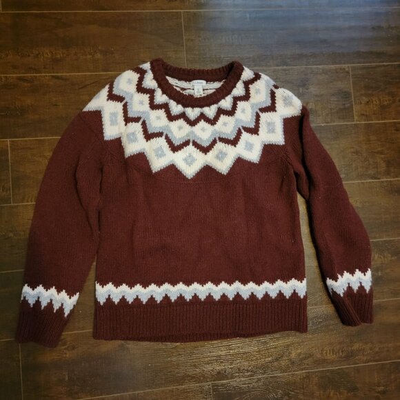 L.L. Bean Fair Isle Sweater Womens M 100% Wool Burgundy Red Contemporary Cabin - Picture 2 of 8